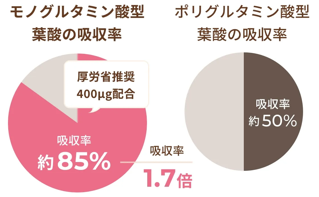 モノグルタミン酸型 葉酸の吸収率 約85%（ポリグルタミン酸型 約50% の1.7倍）