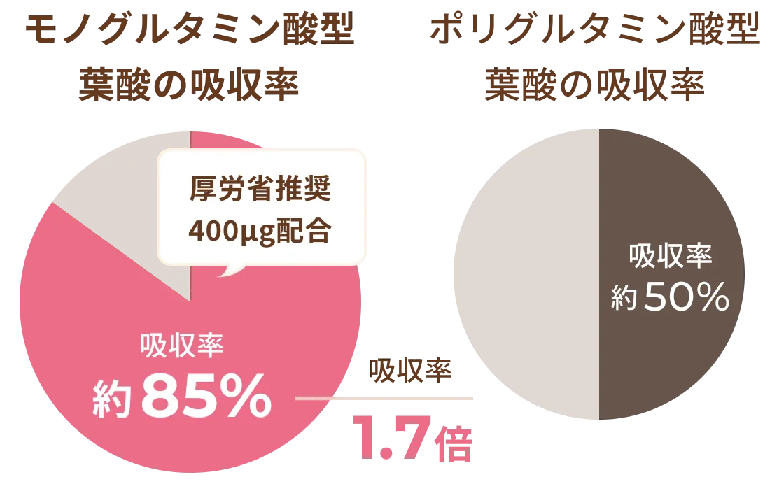 モノグルタミン酸型 葉酸の吸収率 約85%（ポリグルタミン酸型 約50% の1.7倍）